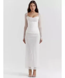 Elegant Sheer Long Sleeve Maxi Dress