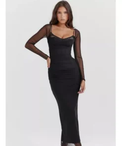 Elegant Sheer Long Sleeve Maxi Dress