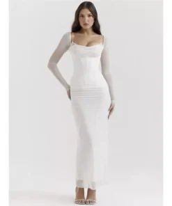 Elegant Sheer Long Sleeve Maxi Dress