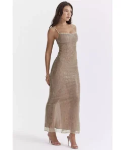 Elegant Sparkle Maxi Dress with Spaghetti Straps and Split