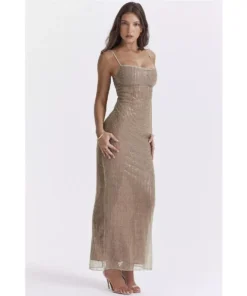 Elegant Sparkle Maxi Dress with Spaghetti Straps and Split