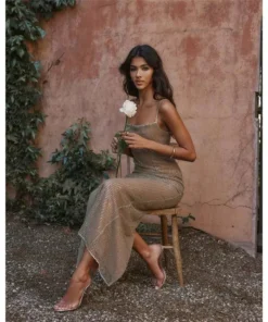 Elegant Sparkle Maxi Dress with Spaghetti Straps and Split