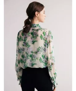 Floral Silk-Blend Bow Collar Blouse for Women