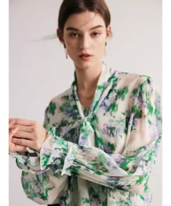 Floral Silk-Blend Bow Collar Blouse for Women