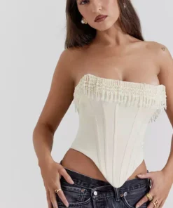 Chic Strapless Beaded Tassel Corset Top