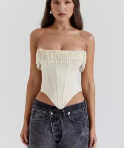 Chic Strapless Beaded Tassel Corset Top