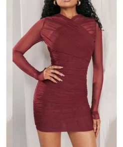 Sheer Long Sleeve Backless Bodycon Mini Dress