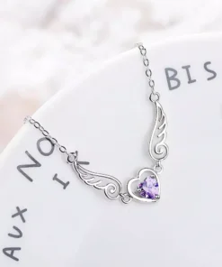 Sterling Silver Angel Wing Pendant Necklace with Purple Zircon