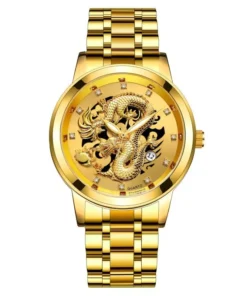 Gold Dragon Men’s Luxury Stainless Steel Quartz Watch – Elegant Business Casual Timepiece with Full Calendar