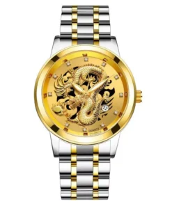 Gold Dragon Men’s Luxury Stainless Steel Quartz Watch – Elegant Business Casual Timepiece with Full Calendar