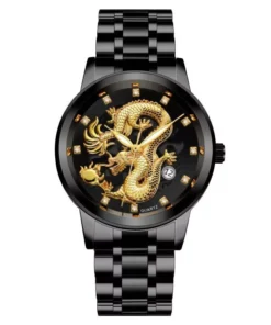 Gold Dragon Men’s Luxury Stainless Steel Quartz Watch – Elegant Business Casual Timepiece with Full Calendar