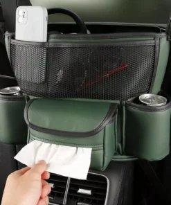 Luxury Leather Car Seat Organizer with Cup Holder & Tissue Pocket