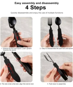 Stainless Steel 4-in-1 Camping Utensil Set: Foldable Spoon, Fork, Knife, Bottle Opener