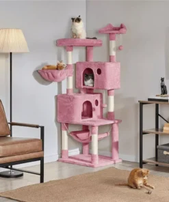 64” Multi-Level Pink Cat Tree Tower with Condos, Scratching Posts, and Hammock