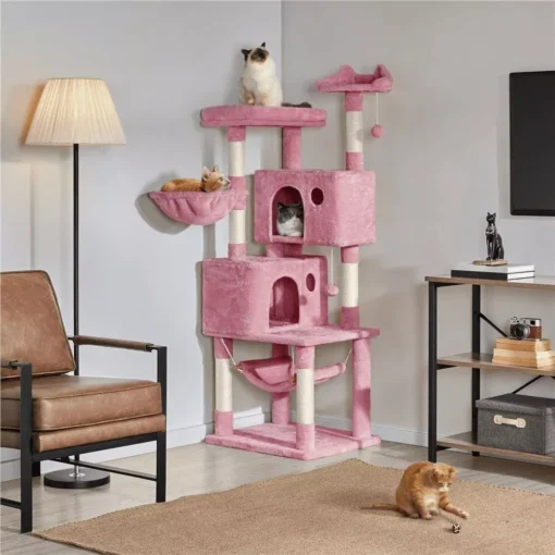64” Multi-Level Pink Cat Tree Tower with Condos, Scratching Posts, and Hammock