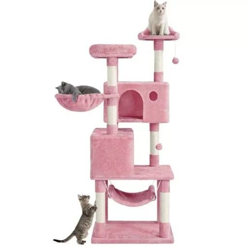 64” Multi-Level Pink Cat Tree Tower with Condos, Scratching Posts, and Hammock