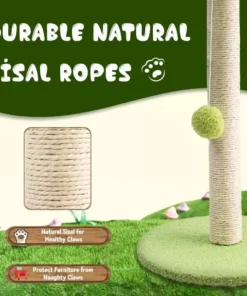 Green Leafy Cat Scratching Post with Sisal Rope and Playful Balls