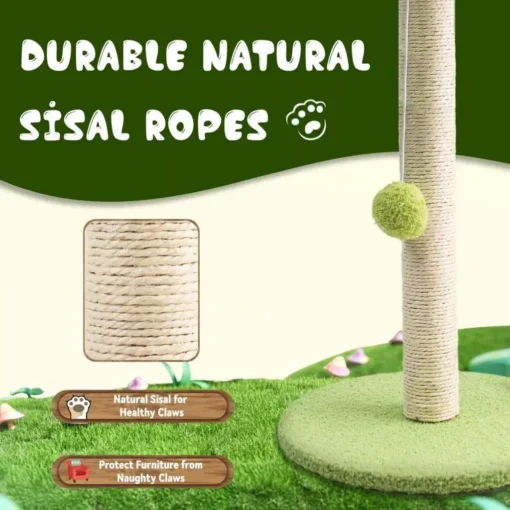 Green Leafy Cat Scratching Post with Sisal Rope and Playful Balls