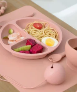 Safe & Stylish Baby Silicone Tableware Set: Dinner Plate, Bowl, Fork & Spoon