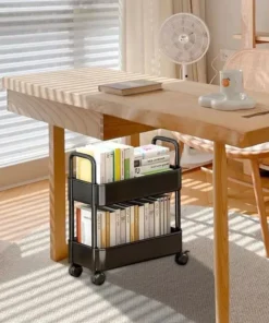 Compact 2-Tier Mobile Bookshelf Cart with Wheels