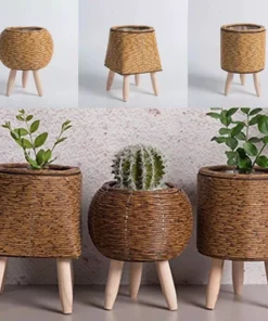 Elegant Nordic-Style Woven Plant Stand with Wooden Legs