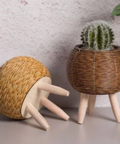 Elegant Nordic-Style Woven Plant Stand with Wooden Legs