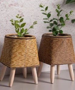 Elegant Nordic-Style Woven Plant Stand with Wooden Legs