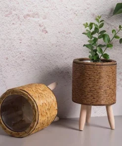 Elegant Nordic-Style Woven Plant Stand with Wooden Legs