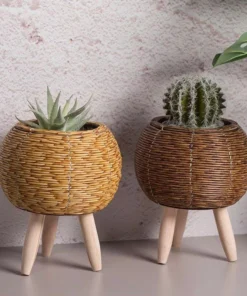 Elegant Nordic-Style Woven Plant Stand with Wooden Legs