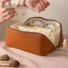 Elegant Leather Travel Cosmetic Bag – Zippered Make-Up Organizer for Women