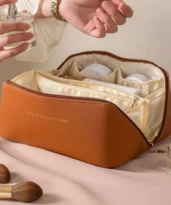 Elegant Leather Travel Cosmetic Bag – Zippered Make-Up Organizer for Women