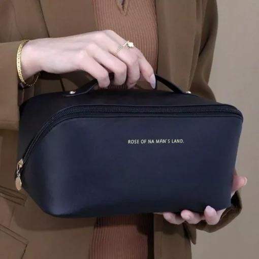 Elegant Leather Travel Cosmetic Bag – Zippered Make-Up Organizer for Women