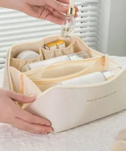 Elegant Leather Travel Cosmetic Bag – Zippered Make-Up Organizer for Women