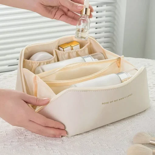 Elegant Leather Travel Cosmetic Bag – Zippered Make-Up Organizer for Women