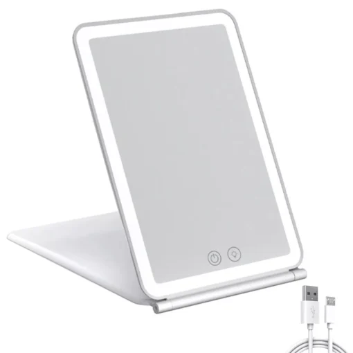 Touch Screen LED Makeup Mirror – Foldable, 3-Color Lighting, USB Rechargeable