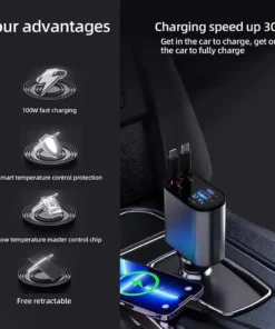 High-Speed 4-in-1 Retractable Car Charger with Dual USB, Type-C & Lightning Cables