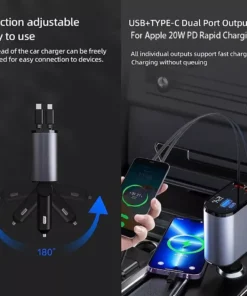 High-Speed 4-in-1 Retractable Car Charger with Dual USB, Type-C & Lightning Cables
