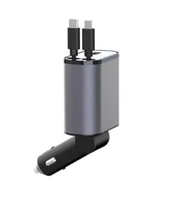 High-Speed 4-in-1 Retractable Car Charger with Dual USB, Type-C & Lightning Cables