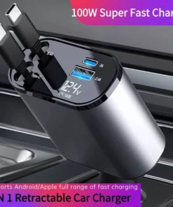 High-Speed 4-in-1 Retractable Car Charger with Dual USB, Type-C & Lightning Cables