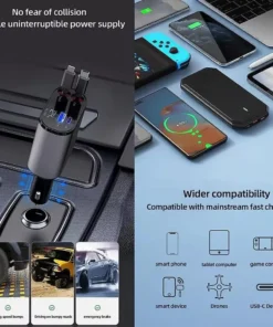 High-Speed 4-in-1 Retractable Car Charger with Dual USB, Type-C & Lightning Cables
