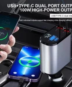 High-Speed 4-in-1 Retractable Car Charger with Dual USB, Type-C & Lightning Cables