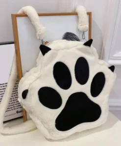 Cute Kawaii Cat Paw Plush Backpack – Soft Fluffy Casual Schoolbag for Girls