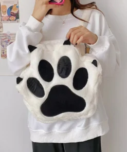 Cute Kawaii Cat Paw Plush Backpack – Soft Fluffy Casual Schoolbag for Girls