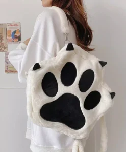 Cute Kawaii Cat Paw Plush Backpack – Soft Fluffy Casual Schoolbag for Girls