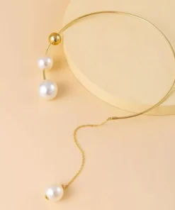 Elegant Geometric Collar Necklace and Pearl Earring Set for Women