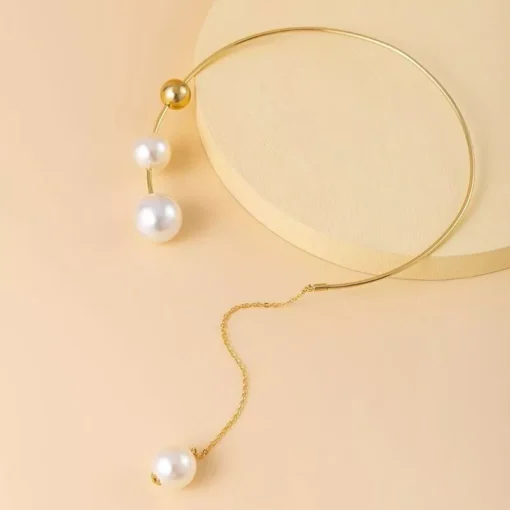 Elegant Geometric Collar Necklace and Pearl Earring Set for Women