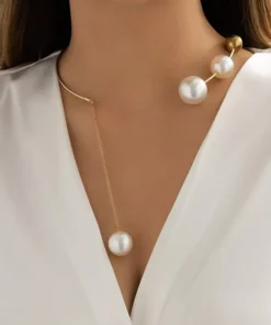 Elegant Geometric Collar Necklace and Pearl Earring Set for Women
