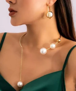 Elegant Geometric Collar Necklace and Pearl Earring Set for Women