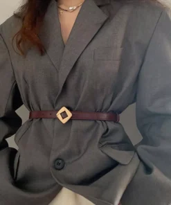 Leather Thin Belt with Metal Rhombus Buckle