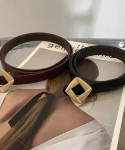 Leather Thin Belt with Metal Rhombus Buckle